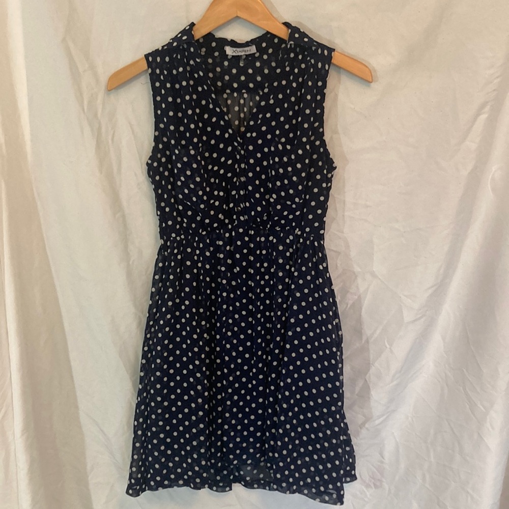Navy Polka Dot Xtaren Short Dress with Pockets Small